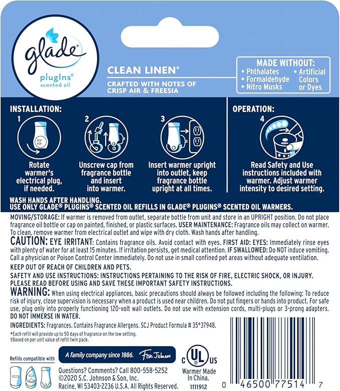 Glade PlugIns Refills Air Freshener Starter Kit, Clean Linen, Scented and Essential Oils for Home and Bathroom, 0.67 Fl Oz, 1 Warmer + 1 Refill