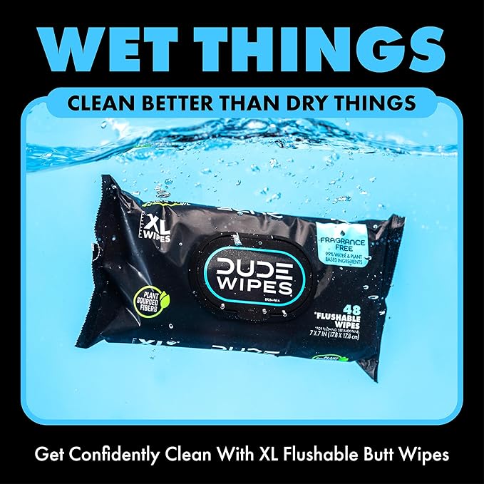 DUDE Wipes Unscented Flushable Wipes - Extra-Large Adult Wet Wipes for Sensitive Skin - 6 Pack (288 Count) - Infused with Vitamin E and Aloe - Septic and Sewer Safe