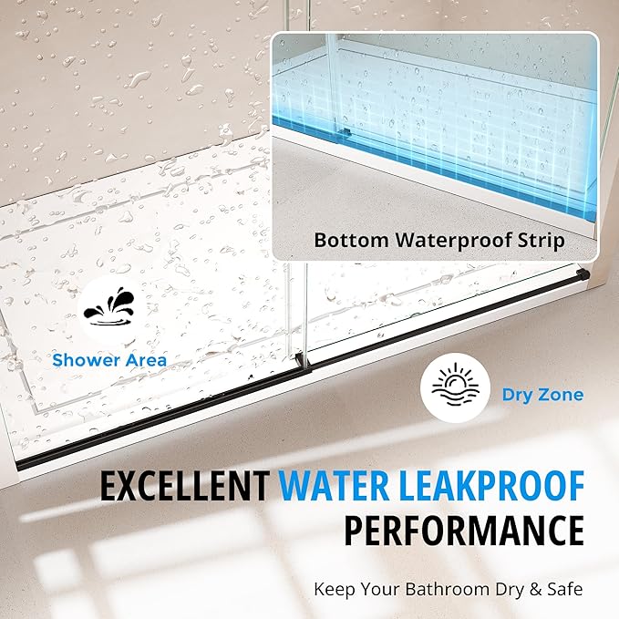 Frameless Sliding Shower Door 56–60 in W x 76 in H, 10mm Clear Tempered Glass Shower Doors Glass Sliding 60 Inches, Single Nano Coating, Stainless Steel Hardware, Silent Smooth Rollers, Matte Black