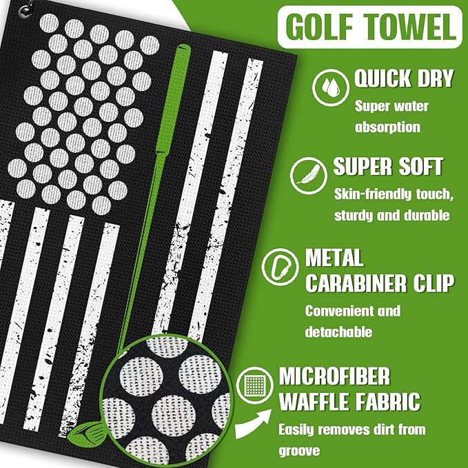 American Flag Golf Towel and Brush Set, Microfiber Waffle Golf Bag Towel with Clip, Golf Cleaning Kit Gifts for Men and Women, Funny Golf Accessories for Golf Fan, Golfers Golf Lovers Retirement Gift