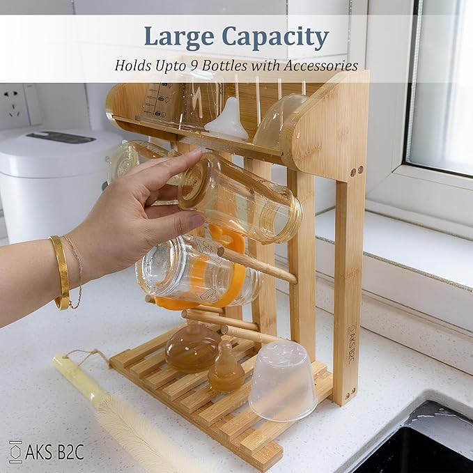 Bamboo Baby Bottle Drying Rack, Vertical Space Saving Kitchen Organizer, 9 Bottle Capacity, Countertop Storage Holder and Bottle Dryer with Draining Base (Comes with a Free Cleaning Brush)