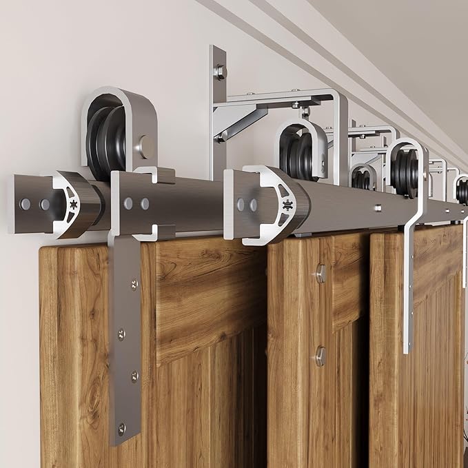 Homacer Brushed Nickel Rustic Triple Track Bypass Sliding Barn Door Hardware Kit (for Door Thickness 1-1/4in~1-3/8in), Three 4ft Long Flat Tracks,for Three Interior Doors（Doors NOT Included）