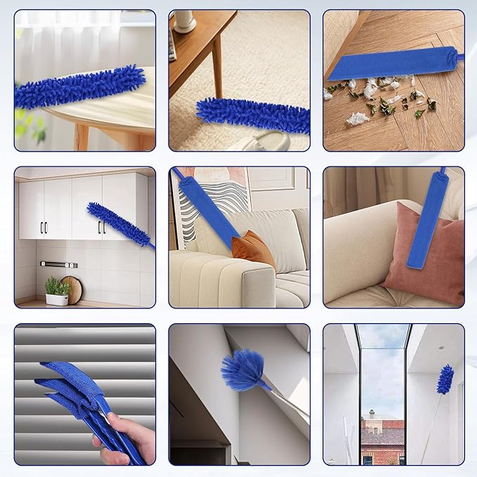 Ceiling Fan Cleaner Duster Set, Dusters with Extension Pole Reusable, Microfiber Ceiling Fan Blade Cleaner, Suitable for Cleaning Wall Blinds Door Furniture Bookshelves (Blue)