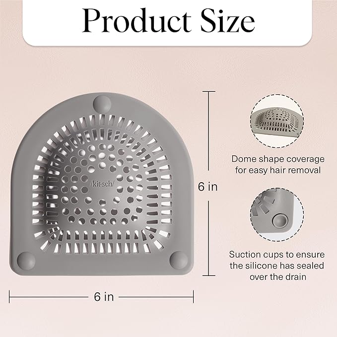 Kitsch Shower Drain Hair Catcher - Sink Drain Strainer that Prevents Clogs, Shower Drain Cover, Anti-Clogging, Bathtub & Shower Cover, Durable & Easy to Clean, Made with Silicone, Universal Fit - Grey