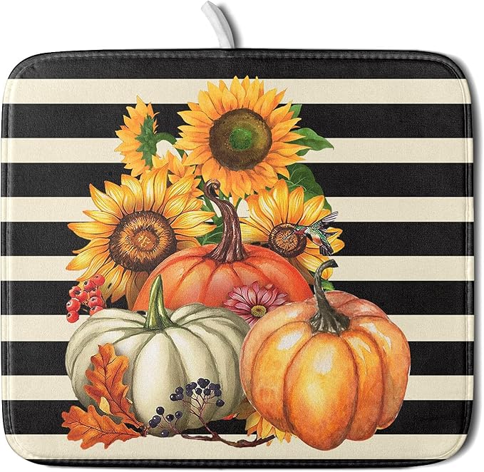 Sunflower Pumpkin Dish Drying Mat for Kitchen Counter,Black and White Stripe Drying Mat 16 x 18 Inch with Absorbent Reversible Microfiber Dish Drying Pad Dish Rack Drainer Mat for Coffee Bar