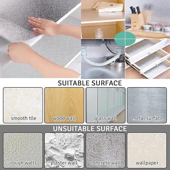 Kitchen Wallpaper Oil Proof Sticker Backsplash Aluminum Foil Self-Adhesive Paper Silver Cabinet Liner Shelf Liner Waterproof and Heat Resistant Peel and Stick Backsplash(15.7X118 Inches)