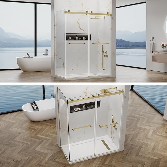 60x76 in Frameless Double Sliding Shower Door with 32x76 in Side Panel, Nano Glass, 304 Stainless Steel in Brushed Gold, L-Shape Design, Reversible Install