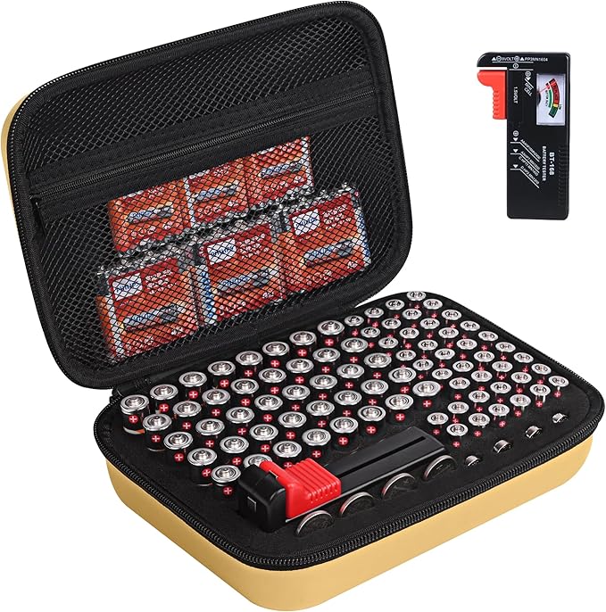 Battery Organizer Storage Case with Tester for AA AAA Button Battery Holder Carrying 3 Batteries Variety Pack 88 Batteries Zipper Mesh Bag (Batteries Not Included) (gold)