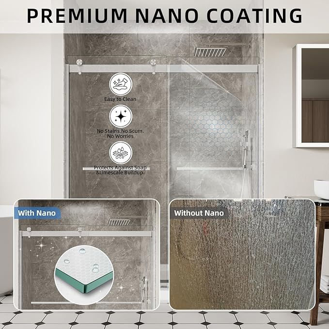56-60" W x 74" H Frameless Shower Door, Double Sliding Shower Door with 5/16" (8mm) Clear SGCC Tempered Glass, Brushed Nickel Finish Shower Doors, Reversible Installation