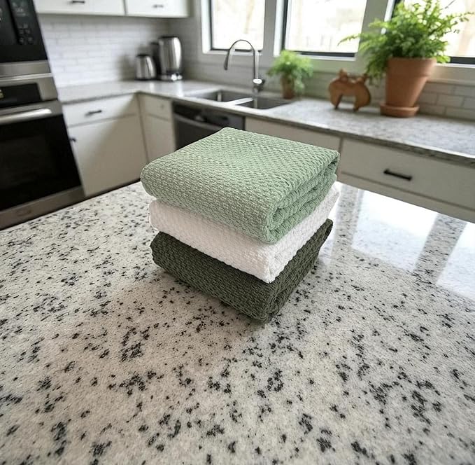 Sage White Dark Green Kitchen Hand Dish Towels: Oversized 28" x 18",100% Cotton Cloth Soft Cleaning Drying Absorbent Textured Design, Set of 3 Multipurpose for Everyday Use (Natural Collection)
