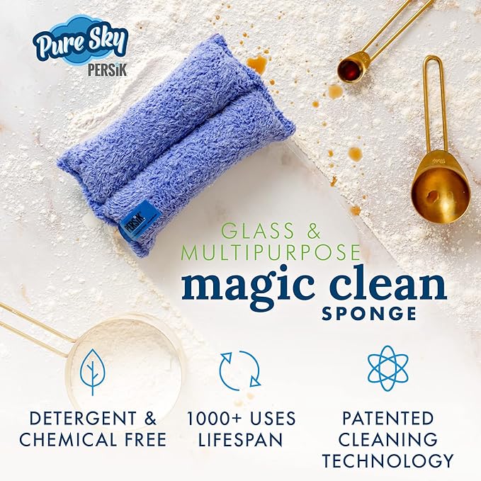 Pure-Sky Ultra Microfiber Cleaning Sponge – 2-in1, Combination for Glass and Multipurpose – JUST ADD Water No Detergents Needed – Use for Windows, Glass, Mirrors, Removing Stains in The Cracks