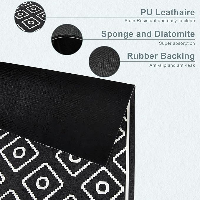 SUEH DESIGN Dish Drying Mat, Absorbent Coffee Mat 19.6 x 11.8 in Quick Dry Drying Mats Large Coffee Mat for Coffee Bar Kitchen Countertop, Black