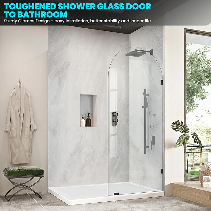 Bathroom Glass Shower Door Panel, 30" W x 78" H Fixed Frameless Shower Doors with Clamps, 3/8"(10mm) Thick Clear Tempered Glass Shower Screen Single Panel for Walk in Shower (Black)