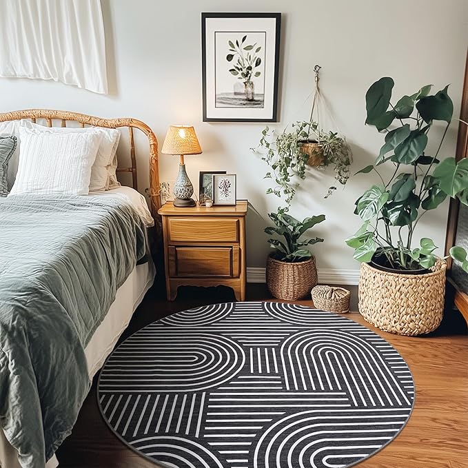 Washable Rug 4ft Area Rugs for Living Room, Abstract Rug for Bedroom, Soft Rainbow Non Slip Throw Rugs with Rubber Back, Low Pile Stain Resistant Boho Geometric Carpet for Dining Room,Black