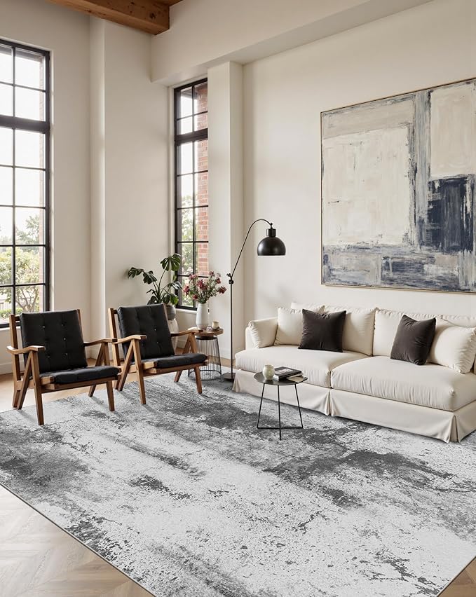 5x7 Area Rugs for Living Room, Modern Abstract Washable Rug, Boho Non Slip Low Pile Carpet for Indoor Dining Room, Bedroom, Office, Dorm, Farmhouse and Kids Room - Grey White