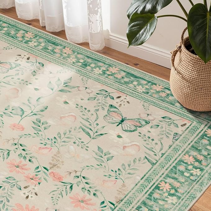 Floral Rug for Living Room Bedroom, 4x6 Washable Rug, Green Vintage Boho Area Rug, Large Non Slip Low Pile Wool Carpet for Indoor Dining Room,Girls Kids Room and Nursery Room(Sage Green 4x6ft)