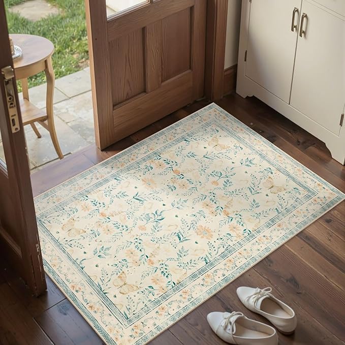 Door Mat Floral Entryway Rug, Washable Samll 2x3 Rug, Boho Beige Front Door Mat, Non Slip Area Rugs, Low Pile Throw Accent Carpet for Indoor Entrance, Bathroom and Kitchen(Beige 2x3ft)