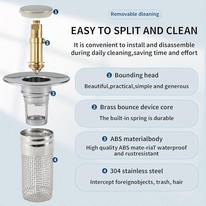 Bathroom Sink Stopper Hair Catcher - Drain Catches & Strainers with Removable Stainless Steel Filter Basket, Pop-Up Design, Easy Cleaning, and US Drain Compatibility. (2pcs)