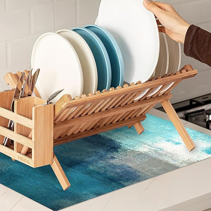 Teal Grey Abstract Art Dish Drying Mat, Drying Rack Pad Countertop Dishes Ultra Absorbent Microfiber Kitchen Counter Mat for Coffee Countertop Decor 18x24 Inch