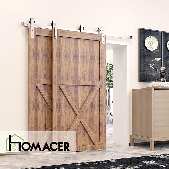 Homacer Brushed Nickel Single Track Bypass Sliding Barn Door Hardware Kit, for Two/Double Doors, 4ft Long Flat Track, Classic Design Roller,