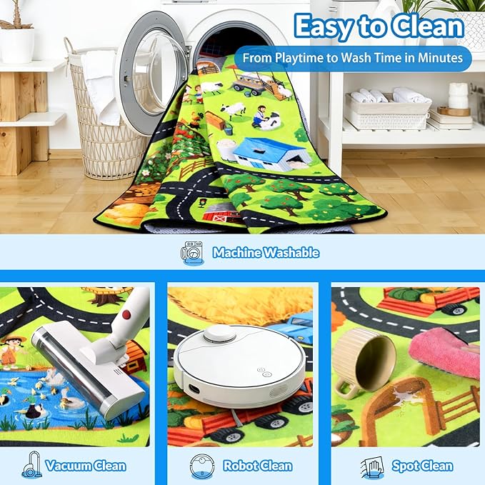 Kids Rug, Fun Farm Car Rugs for Kids' Toy Cars, 6x9 FT Extra Thick (0.4in) Toddler Car Play Mat, Non-Slip, Cushioned, Easy to Clean, Educational Imaginative Car Carpet for Kids