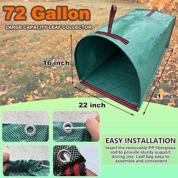 72 Gallon Leaf Collector, Reusable Yard Dustpan-Type Garden Bag, Heavy Leaf Pick up Tool Collapsible Lawn and Leaf Bag, Large Garden Yard Waste Container for Leaves, Lawn Debris, Grass Clippings