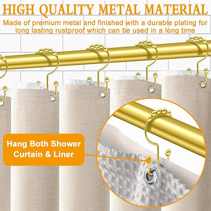 Shower Curtain Hooks, 12 Pcs Rustproof Metal Shower Curtain Rings,Free Sliding Double Shower Hooks for Shower Curtain & Liners, Shower Curtain Hangers for Bathroom Shower Curtain Rods Curtains (Gold)