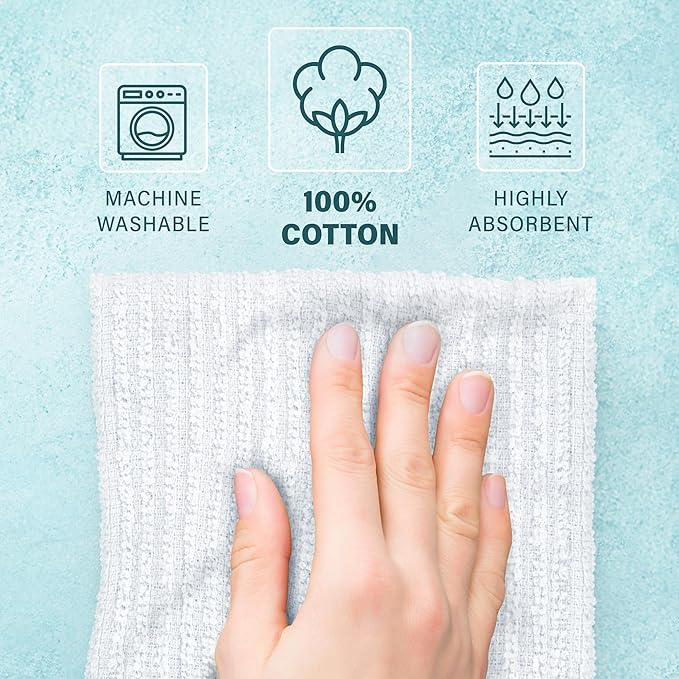 DecorRack 12 Pack 100% Cotton Kitchen Towels for Cleaning, 12 x 12 inch, Ultra Absorbent Bar Mops, Heavy Duty, Quick Dry, Machine Washable Dish Towels, Multi-Purpose Cleaning Supplies, White (12 Pack)