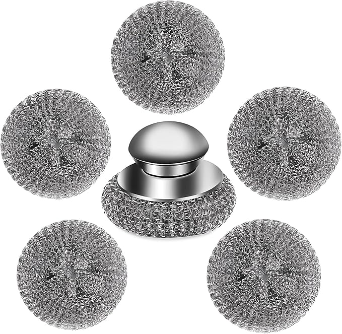 6Pcs Steel Wool Scrubber with Replacement Wire Pads Set, Stainless Steel Scrubber with Handle for Scouring Stubborn Messes from Cast Iron, Pots, Pans, Grill, Stoves, Sink(1 Scrubber+5 Pads)