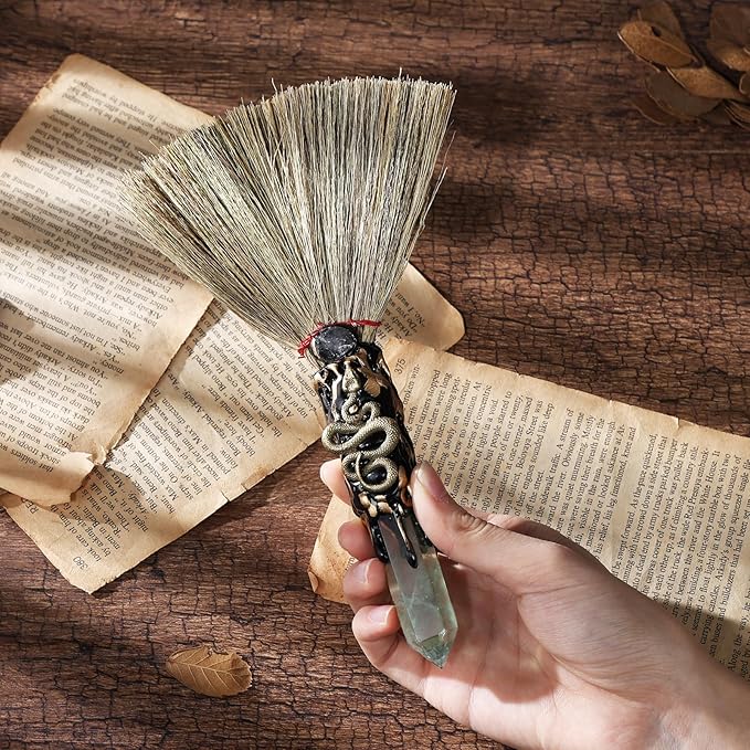 Witch Crystal Altar Broom - Witchcraft Supplies Wiccan Decor Snake Altar Supplies with Green Fluorite Natural Healing Crystals Reiki Energy Emotional Regulation Crafts