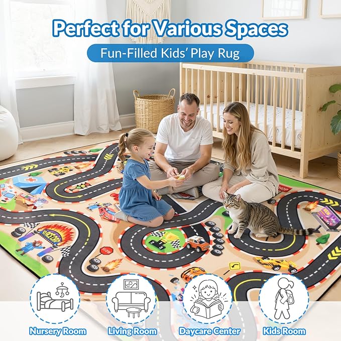 Kids Rug, Race Track Baby Play Mats, 3x5 FT Race Car Rug with 3D Cascading Surround Route, Soft & Non-Slip, Machine Washable Race Road Carpet for Kids Room, Boys Room, and Playroom