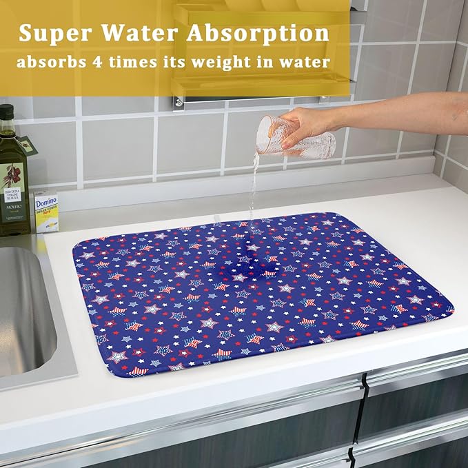 Khope 4th of July Navy Blue Dish Drying Mat for Kitchen Counter 18x24 Inch Memorial Day American Flag Stars Reusable Washable Drying Pad Countertop Home Decor