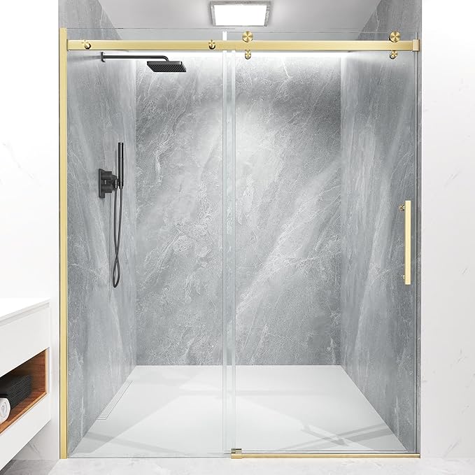 Shower Door Frameless 56-60'' W x 72'' H, Sliding Glass Door, 5/16 inch (8mm) Thickness Clear Tempered Glass for Walk-in Shower, Golden