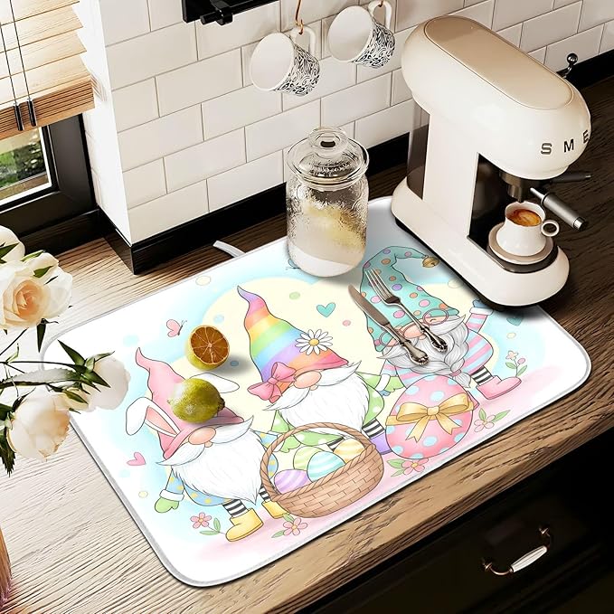 Colorful Easter Cute Gnomes Dish Drying Mat for Kitchen Counter Absorbent Microfiber Small Drying Pad Dish mats for Kitchen Countertops 16 x 18 Inch