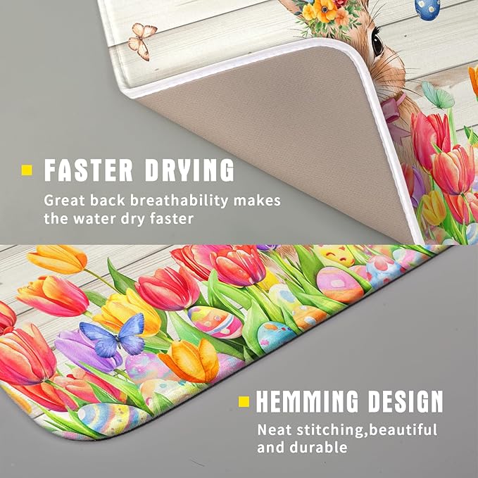 Easter Bunny Dish Drying Mat 16x18 inch Eggs Floral Fast Drying Pad Washable Reversible Microfiber Dish Drainer Mats for Kitchen Counter