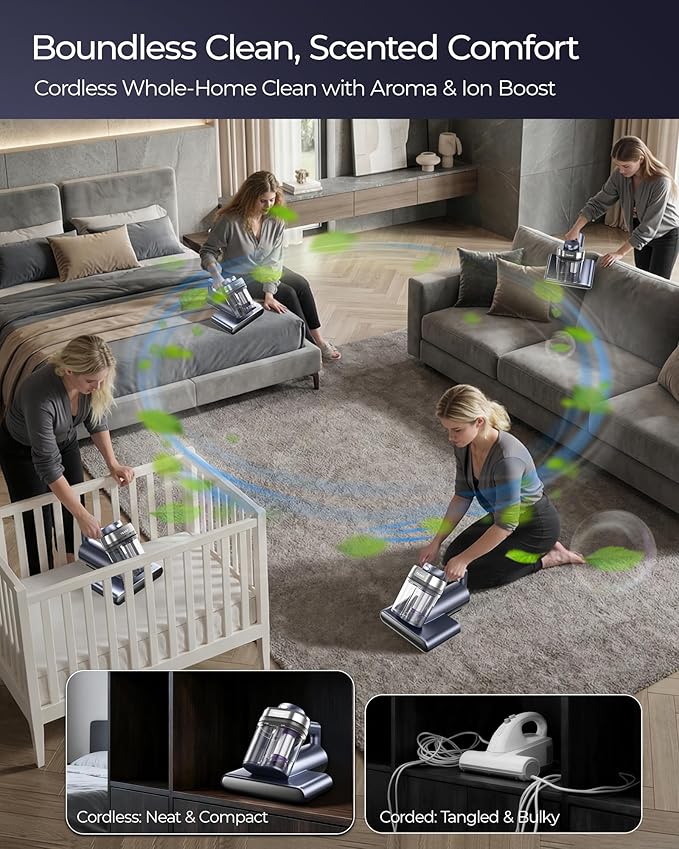 Upgrade Cordless Mattress Vacuum with 18kPa Ultra-Deep Suction, 2-Speed Bed Vacuum with 33000 RPM/Min Roller Brush, 253.7nm UV-C Light & LED Display, HEPA, 149℉ Heat, Aroma & Anion for Bed Sofa