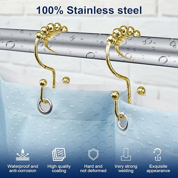 Shower Curtain Hooks,Sturdy Stainless Steel Double Sided Shower Hooks Rings for Bathroom Shower Curtain Rods Curtains Set of 12 Hooks - Gold