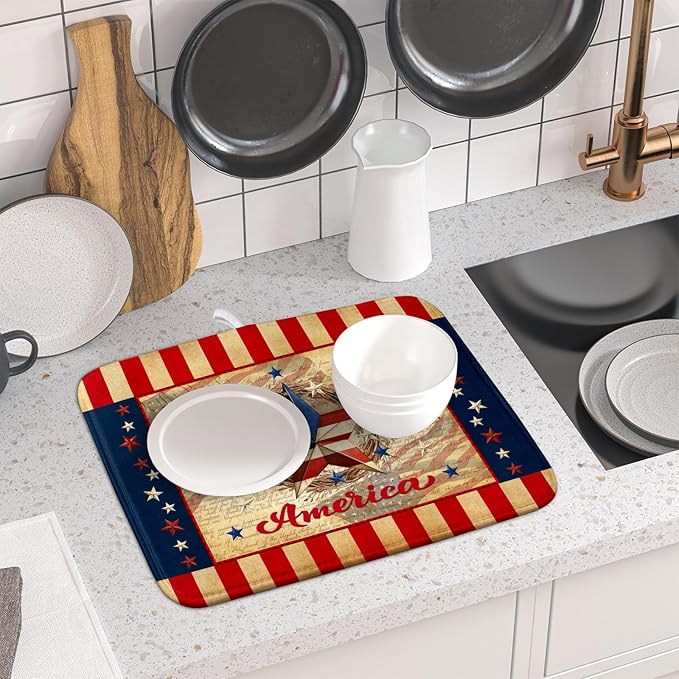 4th of July God Bless Dish Drying Mat for Kitchen Counter,American Flag Star Patriotic Independence Day Drying Mat 16 x 18 Inch with Absorbent Reversible Microfiber Drying Pad for Coffee Bar