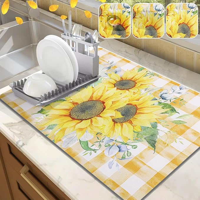 LOKHOM Dish Drying Mat for Kitchen Counter, 18"x24" Absorbent Coffee Bar Mat with Sunflowers, Vintage Floral Dish Drainer Rack Mat for Decoration