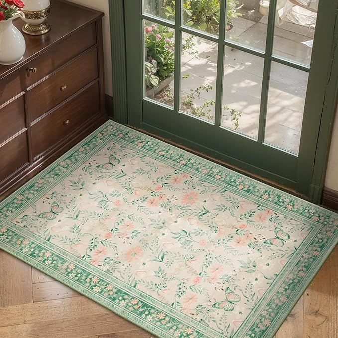 Door Mat Floral Entryway Rug, Washable Samll 2x3 Rug, Boho Green Front Door Mat, Non Slip Area Rugs, Low Pile Throw Accent Carpet for Indoor Entrance, Bathroom and Kitchen(Sage Green 2x3ft)