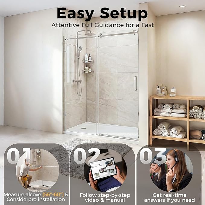 56-60" W x 75" H Frameless Shower Door, Magnetic Sliding Glass Shower Door, 5/16"(8mm) Tempered Glass, Leak-Proof Seals, Stainless Steel Hardware, Easy-Clean Nano Coating, Brushed Stainless