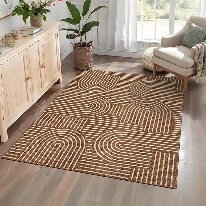 Washable Rug 3x5 Area Rugs for Living Room, Abstract Rug for Bedroom, Soft Rainbow Non Slip Throw Rugs with Rubber Back, Low Pile Stain Resistant Boho Geometric Carpet for Dining Room, Copper