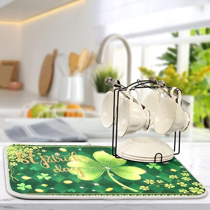 St Patrick's Day Clovers Green Dish Drying Mat 18x24 for Kitchen Lucky Shamrock Leaves Golden Coins Dishes Pad Dish Drainer Rack Mats Absorbent Fast Dry Kitchen Accessories