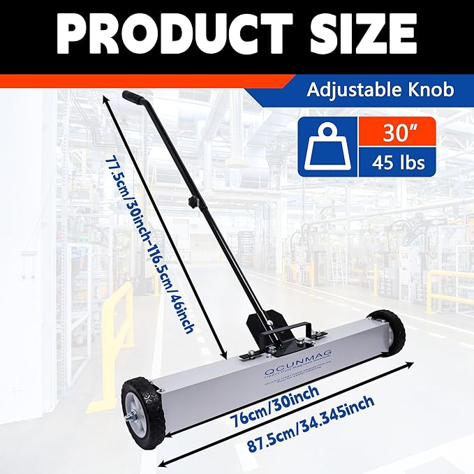 Rolling Magnetic Sweeper with Wheels, 30-Inch 45 Pound Capacity, Adjustable Handle&Floor Magnet Clearance Height, Metal Pick Up and Nail Magnet, Floor Sweeper for Construction, Shop, Yard