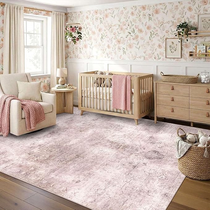 Vintage 5x7 Pink Rug, Washable Area Rugs For Living Room,Girls Bedroom,Dining Room,Kitchen, Distressed Boho Indoor Soft Rug For Dorm Classroom Kids Nursery,Non Slip Low Pile Carpets For Office