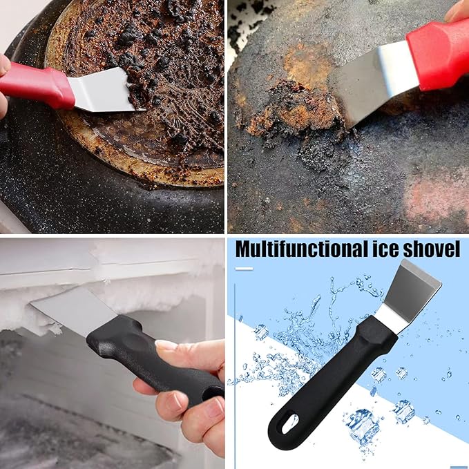 5Pcs Kitchen Stove Cleaning Brush + Scraper Tool Set, Brass, Stainless Steel and Nylon Brush Head Brushes for Range Hood Grease Grime, Heavy Duty Scraper for Gas Burners Cooktop Pot Pan