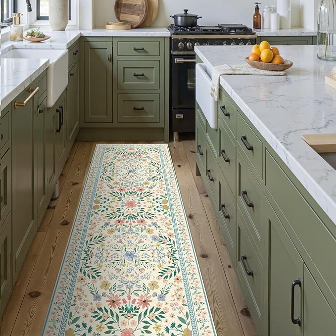 2x6 Floral Runner Rug, Washable Runners for Hallways, Green Vintage Boho Kitchen Rugs, Non Slip Hallway Runner Carpet for Indoor Hallway, Kitchen, Laundry Room and Bathroom