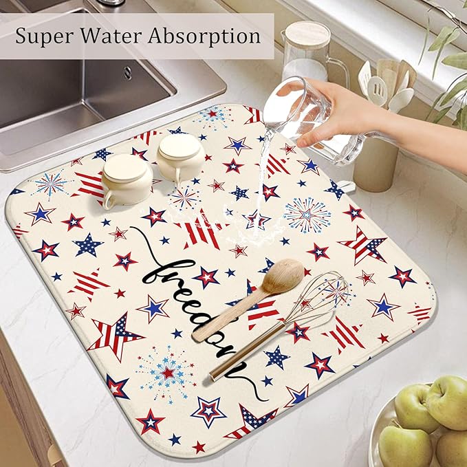 4th of July Dish Drying Mat for Kitchen Counter,Independence Day Stars Memorial Fallen Soldiers Microfiber Drying Mat, Washable Absorbent Patriot Kitchen Countertop Dish Mat Draining Mat 16×18 Inch