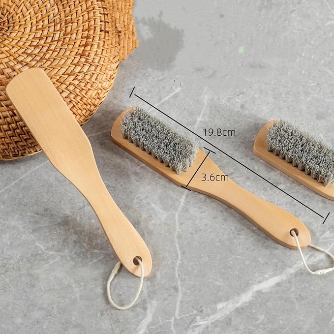 2 Pcs Long Handle Wood Laundry Brush for Shoe, Clothing Stain Remover Scrubber, Soft Bristle for Scrubbing Out Tough on Delicate, Easy to Grip Hand Washing Clothes