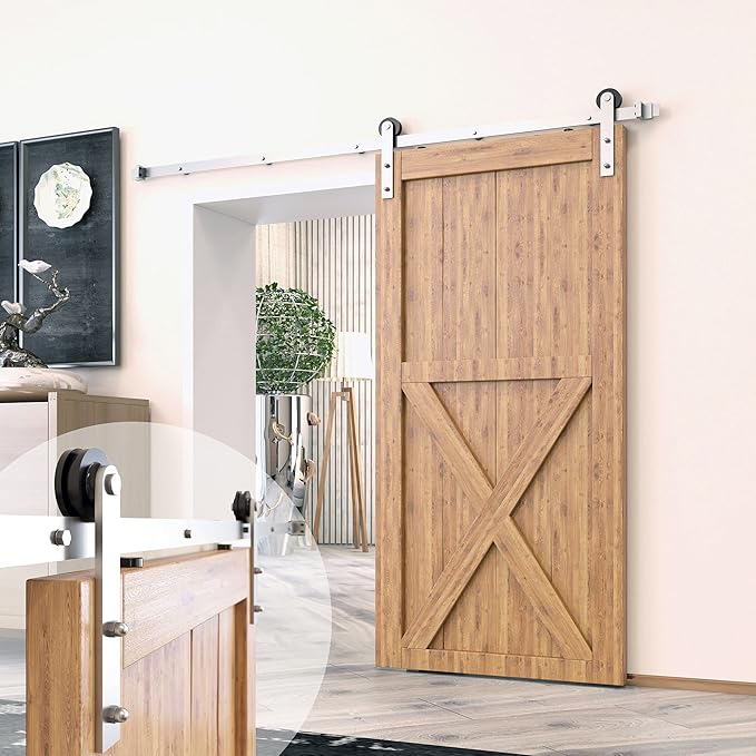 Homacer Brushed Nickel Non-Bypass Sliding Barn Door Hardware Kit, for One/Single Door, 4ft Long Flat Track, Straight Design Roller, Heavy Duty, for Interior Use Only（Doors Not Included）